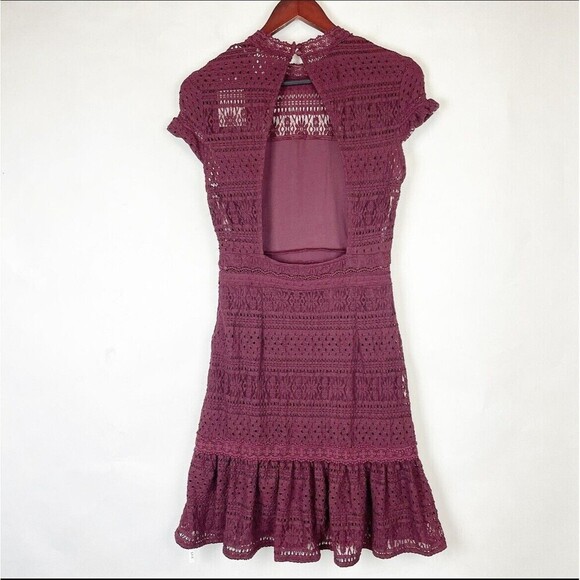 FOXIEDOX Burgundy Wine Lace Keyhole Back Stretch Ruffle Dress Women's Size S NEW - Picture 11 of 11